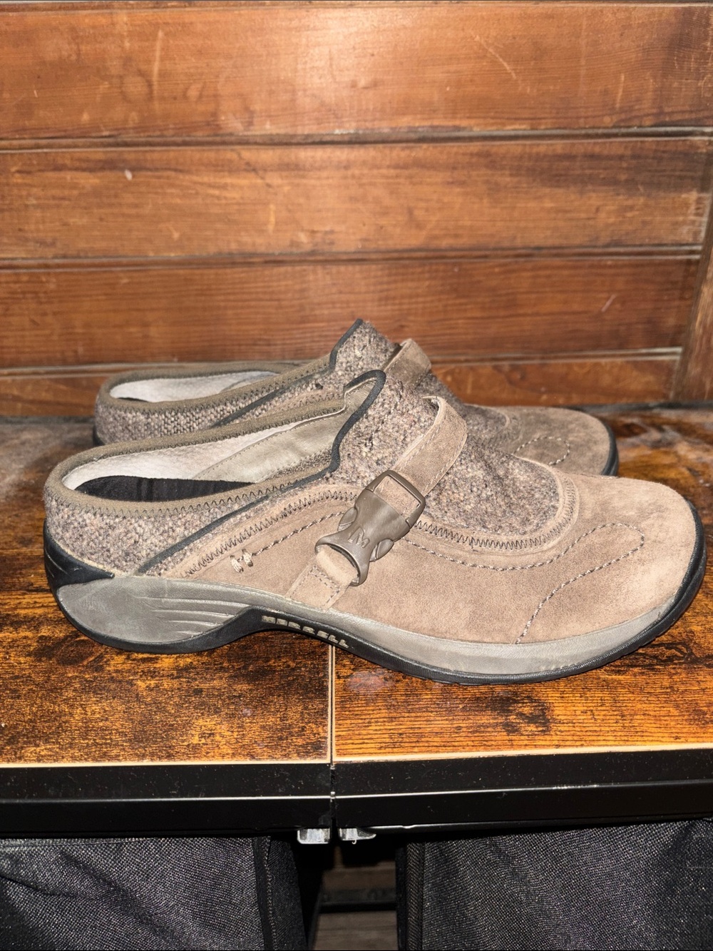 Merrell Taupe Suede Slip-On Clog Mule with Adjustable Strap